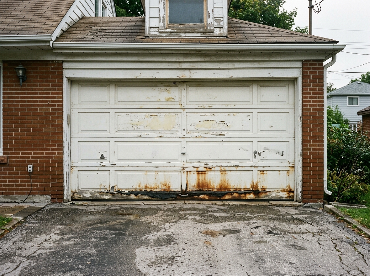 Before: 15-Year Old Weathered, Dented & Rusted Builder Garage Door in Niagara