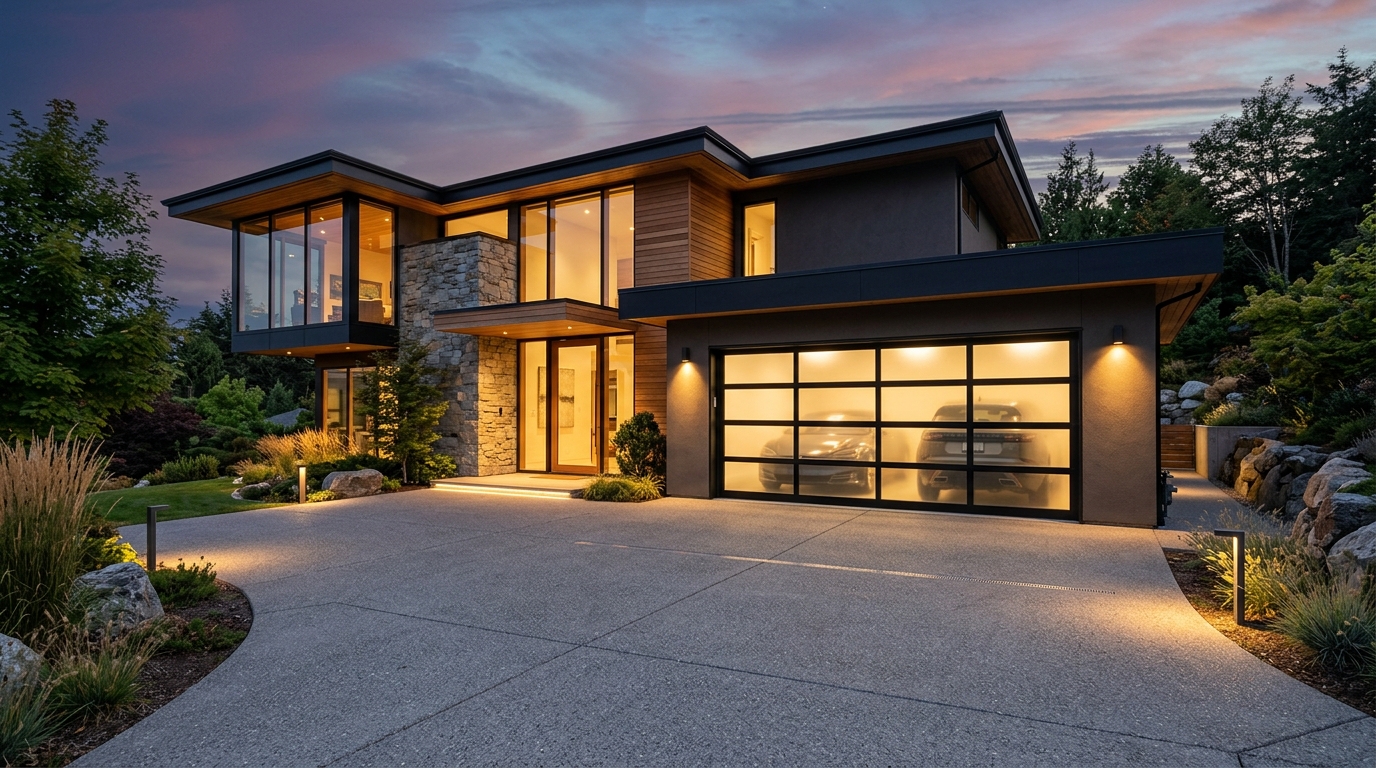 Contemporary Full-View Glass and Black Aluminum Garage Door in Fort Erie
